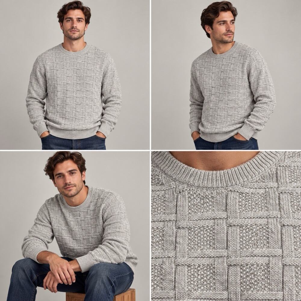 Bill Blass Sweater Mens L Gray Basketweave Textured Crewneck Made in USA